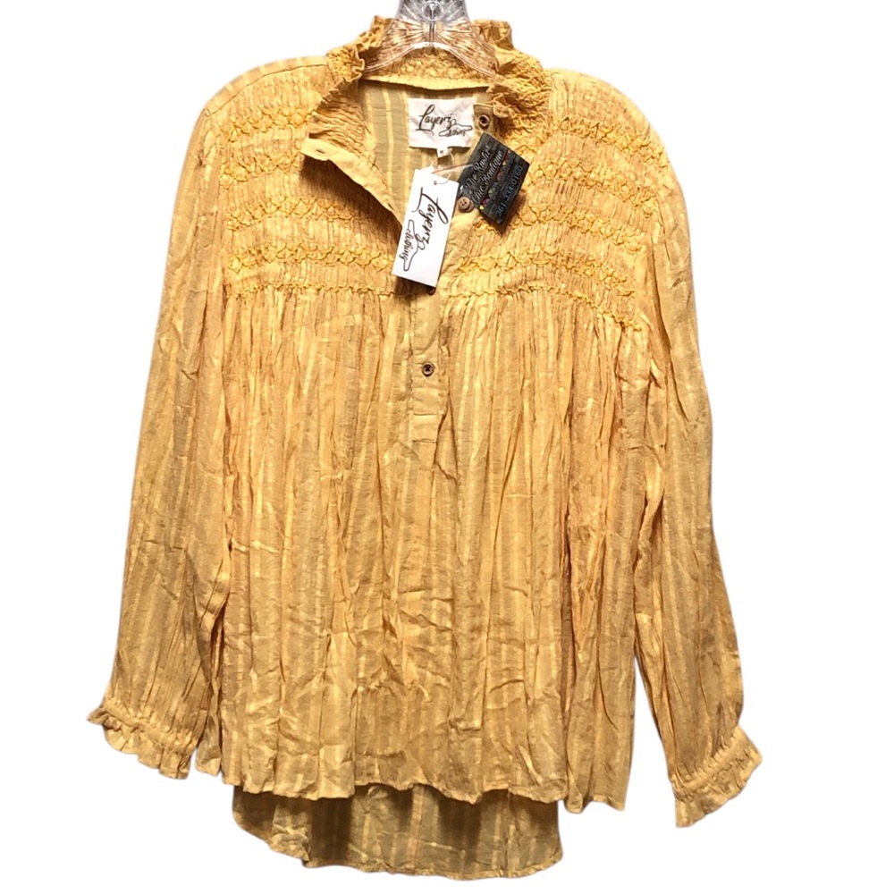Layers Clothing N.W.T. Size Medium Mustard Yellow/Mangold Long S.Ruffled Blouse.